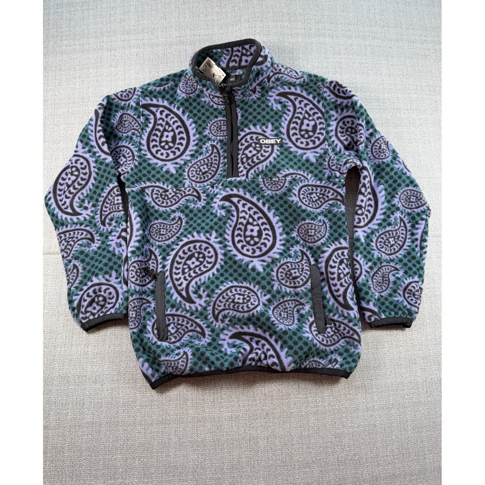 Obey Fleece‎ Jacket Mens Small Multicolor Eisley Paisley Logo Mock Neck Half Zip